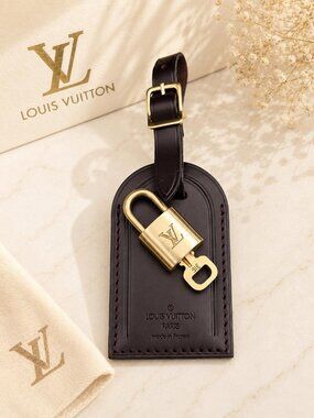 Authentic Louis Vuitton Brown Luggage Tag & Gold Padlock with Key-Made in France